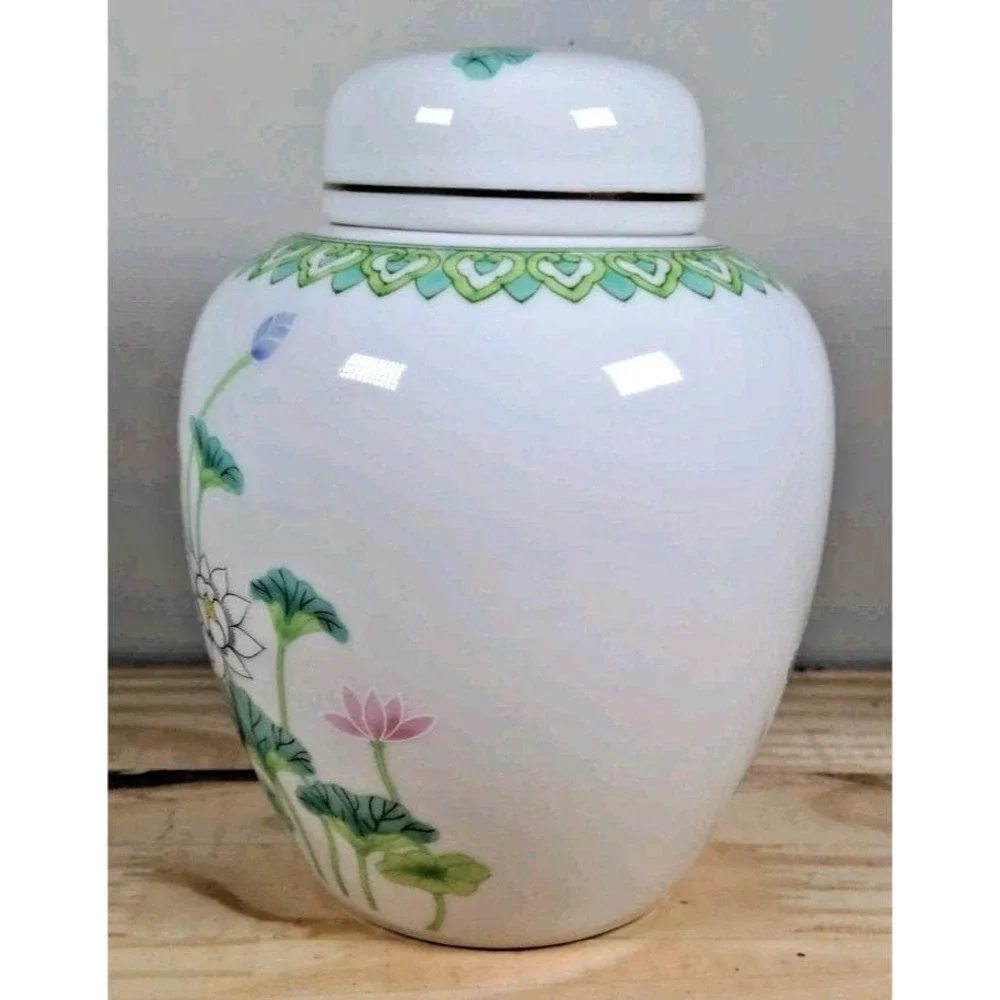 Vintage Otagiri Japanese Floral Ginger Jar Porcelain Lotus Garden Decor 6 Inch